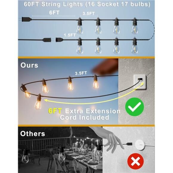 60FT LED Outdoor String Lights with 16+1 Edison Shatterproof IP65 Waterproof - Picture 5 of 7